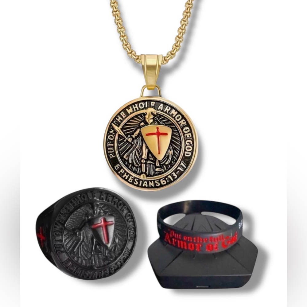 NEW - ARMOR OF GOD LUXURY SET COLLECTION STAINLESS STEEL CHAIN/RING & BRACELET